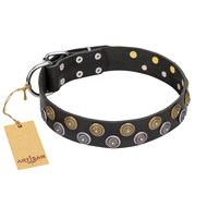 "Romantic Breeze" FDT Exclusive Artisan Black Leather Dog Collar - 1 1/2 inch (40 mm) wide  "Romantic Breeze" FDT Exclusive Artisan Black Leather Dog Collar - 1 1/2 inch (40 mm) wide