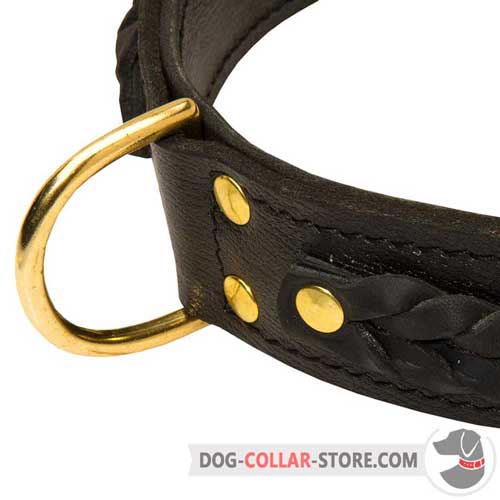 Brass-plated D-Ring on Braided Leather Dog Collar for Lead Attachment