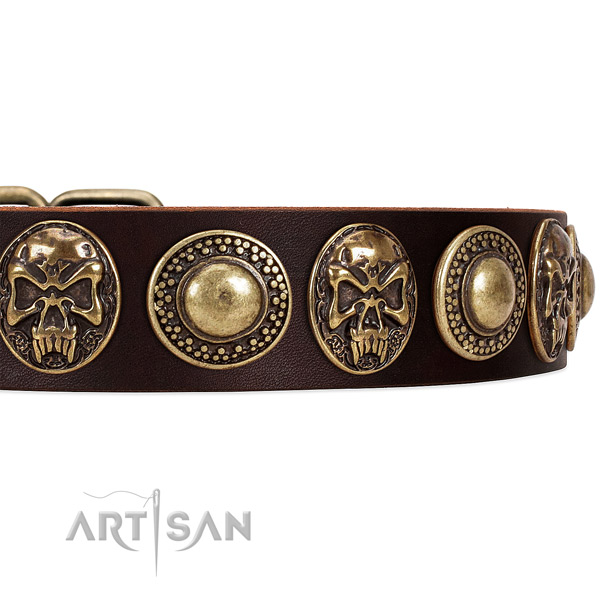 Leather dog collar with adornments for easy wearing