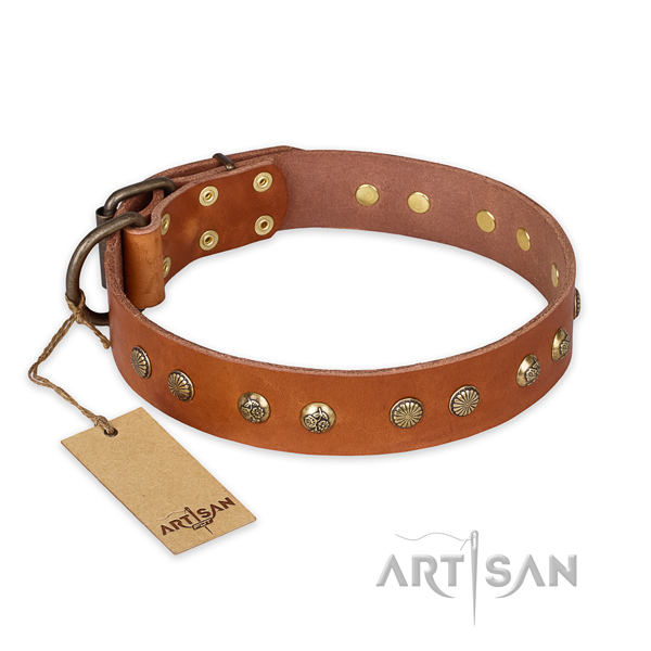 Embellished natural genuine leather dog collar with corrosion proof hardware