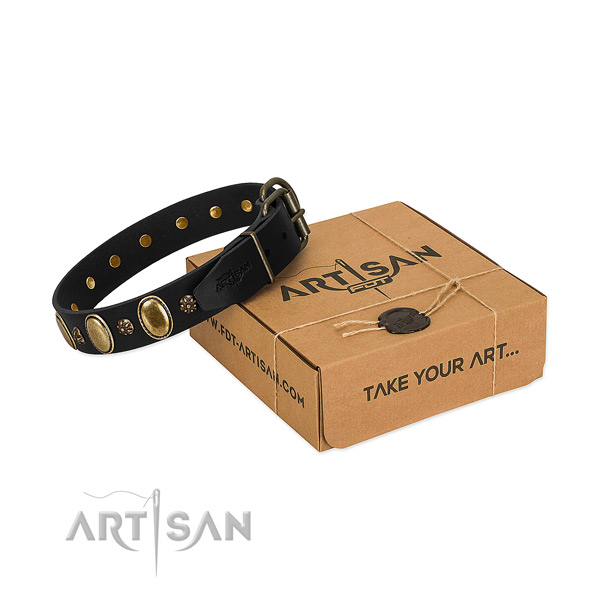 Comfy wearing top rate full grain genuine leather dog collar with decorations