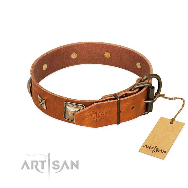 Natural genuine leather dog collar with strong fittings and adornments