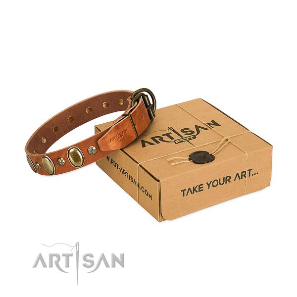 Top quality natural leather dog collar with rust resistant buckle