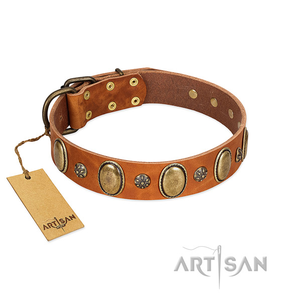 Everyday walking best quality full grain natural leather dog collar with decorations