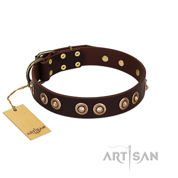 Strong D-ring on full grain natural leather dog collar for your dog