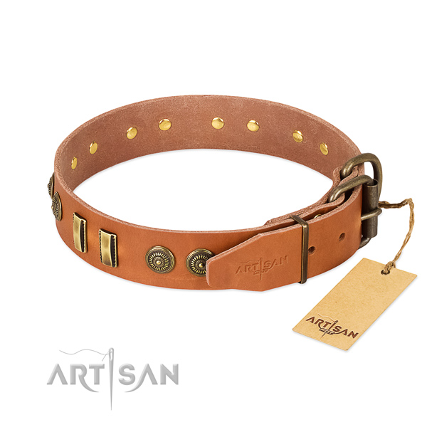 Durable D-ring on full grain leather dog collar for your dog