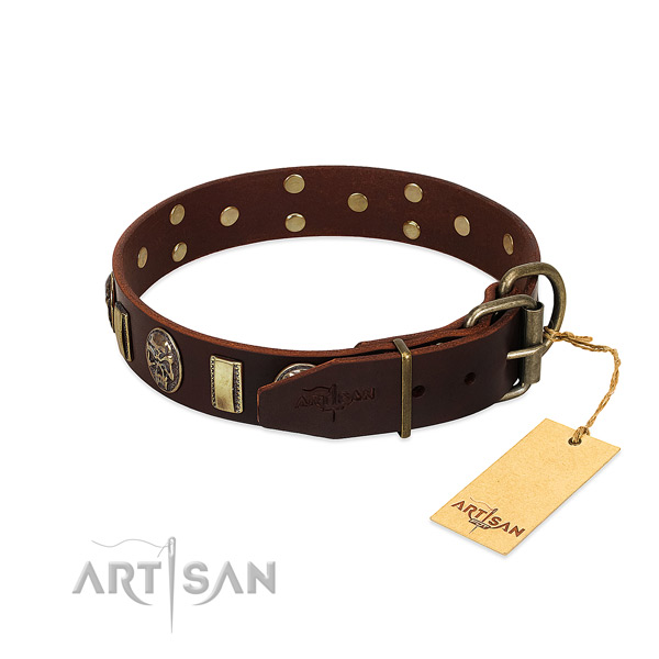 Genuine leather dog collar with rust-proof traditional buckle and adornments