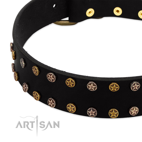 Stylish design decorations on full grain genuine leather collar for your dog